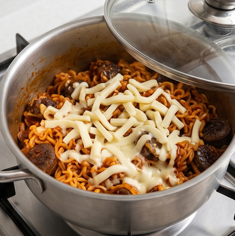 Buldak Sundae Bokkeum | 불닭 순대 볶음 조리 단계 4 이미지 - Tear the string cheese into strips and l