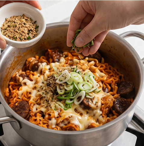 Buldak Sundae Bokkeum | 불닭 순대 볶음 조리 단계 5 이미지 - Sprinkle the included dried flakes and o