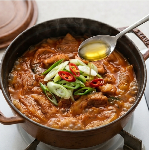 항정김치찜 | 고기 반 김치 반 입안에서 살살 녹는 김치찜 레시피 조리 단계 5 이미지 - 뚜껑을 열고 어슷 썬 대파와 청양고추를 넣어 5분 더 끓이고, 마지막에 