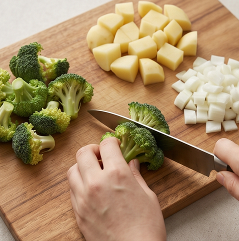 브로콜리 크림 스프 | 마음까지 힐링되는 스프 조리 단계 1 이미지 - 브로콜리는 작은 송이로 자르고 감자와 양파는 껍질을 벗겨 한입 크기로 썬