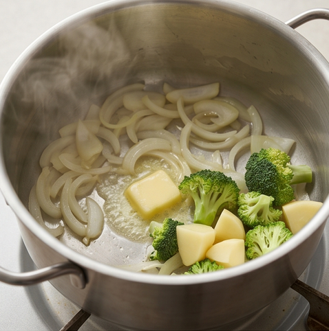 브로콜리 크림 스프 | 마음까지 힐링되는 스프 조리 단계 2 이미지 - 냄비에 버터를 녹이고 브로콜리, 감자, 양파를 넣어 중불에서 3분간 볶는