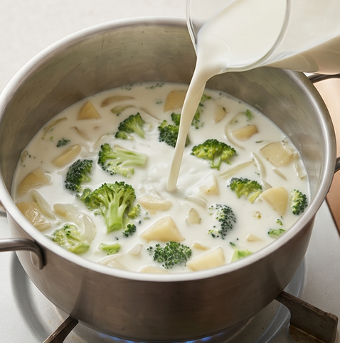 브로콜리 크림 스프 | 마음까지 힐링되는 스프 조리 단계 3 이미지 - 우유를 붓고 채소가 충분히 잠길 때까지 물을 추가해 끓인다.