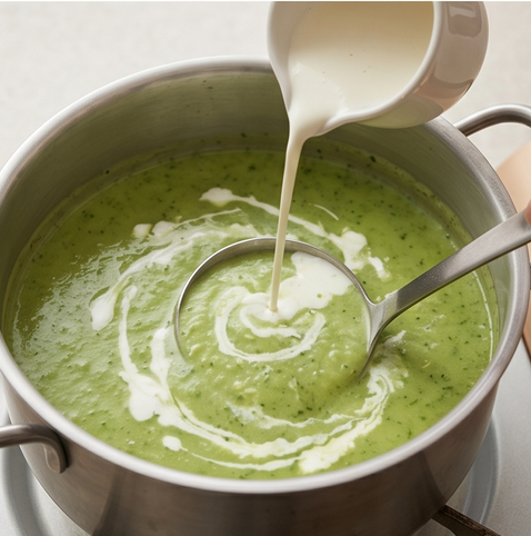 브로콜리 크림 스프 | 마음까지 힐링되는 스프 조리 단계 5 이미지 - 생크림을 넣고 소금, 후추로 간을 맞춘 뒤 한 번 더 끓인다.