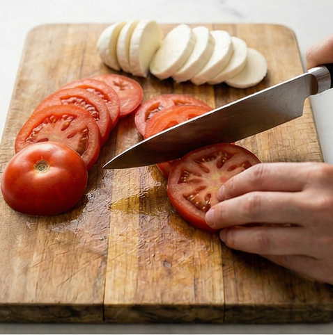 카프레제 샐러드 | 이탈리아 대표 샐러드 조리 단계 1 이미지 - 토마토와 생모짜렐라 치즈를 0.8cm 두께로 동그랗게 썰어 준비합니다.