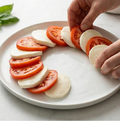 카프레제 샐러드 | 이탈리아 대표 샐러드 조리 단계 2 이미지 - 접시에 토마토와 모짜렐라 치즈를 번갈아가며 겹치듯이 가지런히 놓습니다.