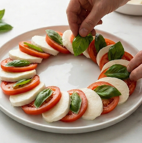 카프레제 샐러드 | 이탈리아 대표 샐러드 조리 단계 3 이미지 - 각 토마토와 치즈 위에 생바질잎을 하나씩 올립니다.