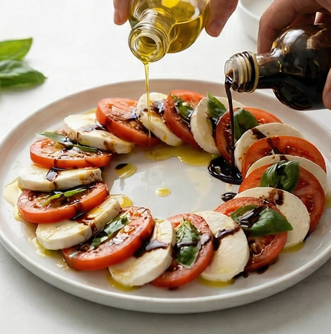 카프레제 샐러드 | 이탈리아 대표 샐러드 조리 단계 4 이미지 - 엑스트라버진 올리브오일과 발사믹 식초를 골고루 뿌립니다.