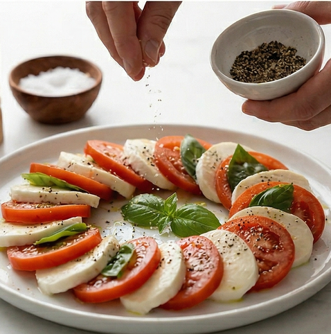 카프레제 샐러드 | 이탈리아 대표 샐러드 조리 단계 5 이미지 - 소금과 갓 간 후추를 골고루 뿌려 마무리합니다.