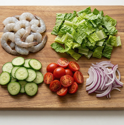 새우 아시안 샐러드 조리 단계 1 이미지 - 새우는 껍질을 벗기고 내장을 제거한 뒤 흐르는 물에 씻어 준비합니다. 로