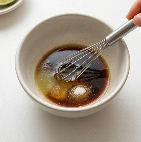 새우 아시안 샐러드 조리 단계 2 이미지 - 작은 볼에 간장, 라임즙, 참기름, 설탕을 넣고 설탕이 녹을 때까지 잘 