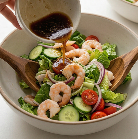 새우 아시안 샐러드 조리 단계 4 이미지 - 큰 볼에 손질한 채소와 데친 새우를 넣고 드레싱을 고루 뿌린 뒤 가볍게 