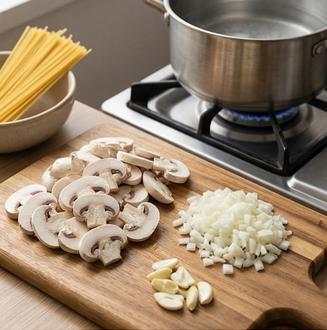 크리미 머쉬룸 파스타 | 부드러운 크림과 버섯 풍미 조리 단계 1 이미지 - 양송이버섯은 깨끗이 닦아 얇게 슬라이스하고, 양파는 잘게 다집니다. 파스