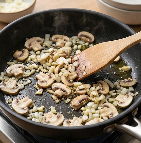 크리미 머쉬룸 파스타 | 부드러운 크림과 버섯 풍미 조리 단계 3 이미지 - 팬에 올리브유를 두르고 중불에서 양파와 다진 마늘을 1분간 볶다가, 양송