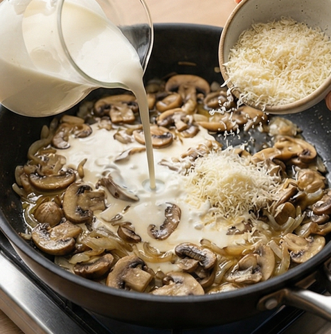 크리미 머쉬룸 파스타 | 부드러운 크림과 버섯 풍미 조리 단계 4 이미지 - 볶은 재료에 생크림과 면수 1/2컵을 넣고 중불에서 2~3분간 끓여 소스