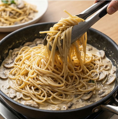 크리미 머쉬룸 파스타 | 부드러운 크림과 버섯 풍미 조리 단계 5 이미지 - 삶은 파스타를 팬에 넣고 소스와 잘 버무린 뒤, 불을 끄고 그릇에 담습니