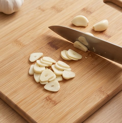 브로콜리 새우 볶음 | 중화 볶음 요리 조리 단계 2 이미지 - 마늘은 얇게 슬라이스해 준비한다.