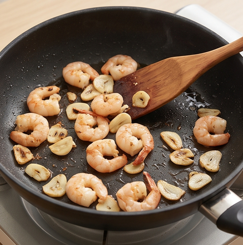 브로콜리 새우 볶음 | 중화 볶음 요리 조리 단계 3 이미지 - 달군 팬에 올리브유를 두르고 마늘을 먼저 볶다가 새우를 넣어 중불에서 2