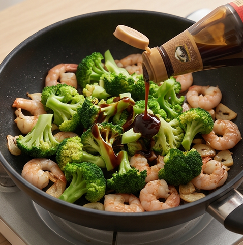 브로콜리 새우 볶음 | 중화 볶음 요리 조리 단계 4 이미지 - 데친 브로콜리를 팬에 넣고 굴소스를 더해 센 불에서 1분간 볶는다.
