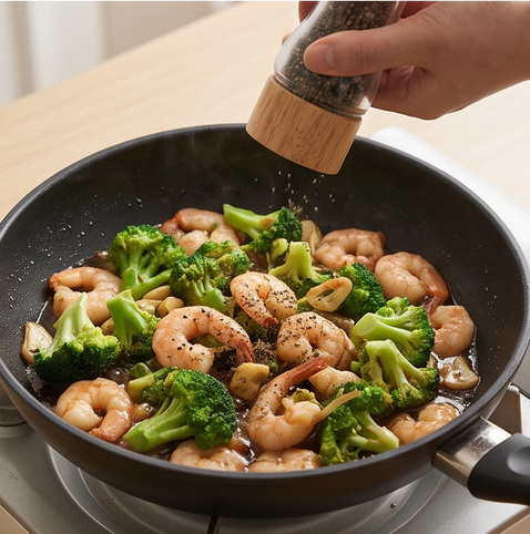 브로콜리 새우 볶음 | 중화 볶음 요리 조리 단계 5 이미지 - 후추를 뿌려 간을 맞춘 뒤 불을 끄고 접시에 담는다.