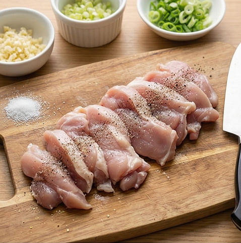 허니 갈릭 치킨 조리 단계 1 이미지 - 닭다리살은 키친타월로 물기를 제거한 뒤 소금과 후춧가루로 고루 밑간합니다