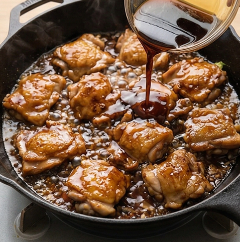 허니 갈릭 치킨 조리 단계 4 이미지 - 팬에 꿀과 간장을 넣고 섞은 후 닭고기를 다시 넣어 소스가 고루 묻도록 