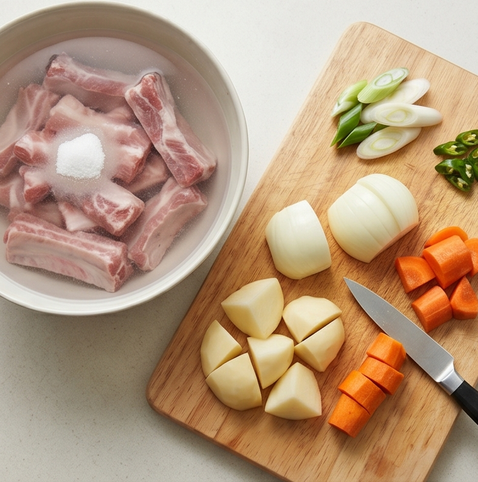 돼지갈비찜 | 매콤하고 선명하게 만드는 법 조리 단계 1 이미지 - 찜용 돼지갈비는 찬물에 설탕 1큰술을 넣고 1시간 담가 핏물을 뺀다. 감