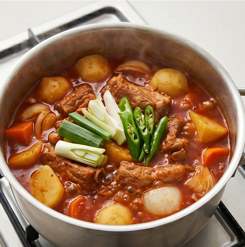 돼지갈비찜 | 매콤하고 선명하게 만드는 법 조리 단계 5 이미지 - 감자, 당근, 양파를 넣어 15분간 더 끓이고, 마지막에 대파와 청양고추