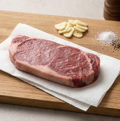 설로인 스테이크 조리 단계 1 이미지 - 설로인 스테이크를 냉장고에서 꺼내 키친타월로 표면의 수분을 닦고 실온에서