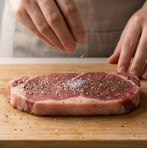 설로인 스테이크 조리 단계 2 이미지 - 스테이크 양면에 소금과 후추를 고르게 뿌려 밑간합니다.