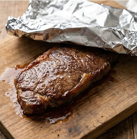 설로인 스테이크 조리 단계 5 이미지 - 구운 스테이크를 팬에서 꺼내 도마 위에 5분간 그대로 두어 육즙이 고루 