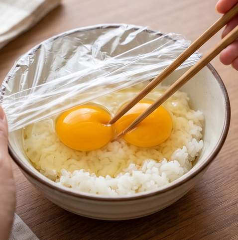 전자레인지 간장 계란밥 | 바쁜 시간, 빠르게 완성하는 레시피 조리 단계 3 이미지 - 젓가락으로 노른자를 살짝 터뜨린 후 용기를 랩으로 덮는다.