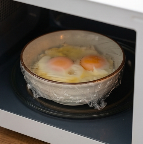 전자레인지 간장 계란밥 | 바쁜 시간, 빠르게 완성하는 레시피 조리 단계 4 이미지 - 전자레인지에 1분 30초에서 2분간 돌려 계란을 익힌다.