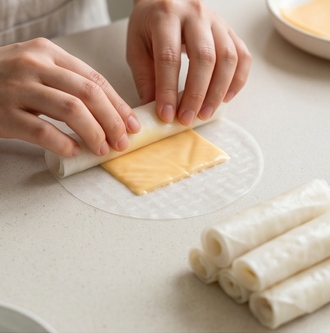 라이스페이퍼 떡볶이 | 치즈 폭탄 버전 조리 단계 1 이미지 - 따뜻한 물에 라이스페이퍼를 한 장씩 적신 뒤, 슬라이스 치즈를 올려 돌돌