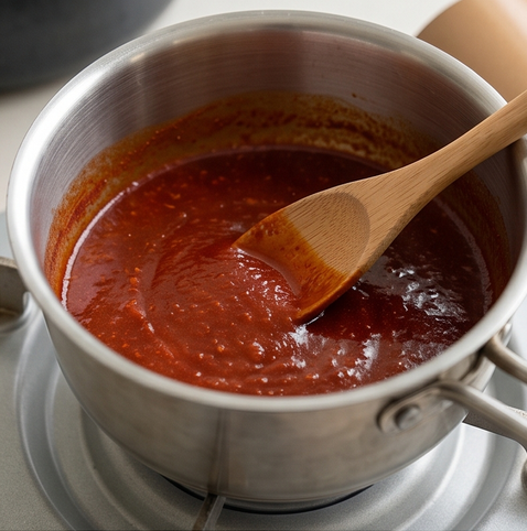 라이스페이퍼 떡볶이 | 치즈 폭탄 버전 조리 단계 2 이미지 - 냄비에 물 300ml, 고추장, 설탕, 간장, 고춧가루를 넣고 중불에서 