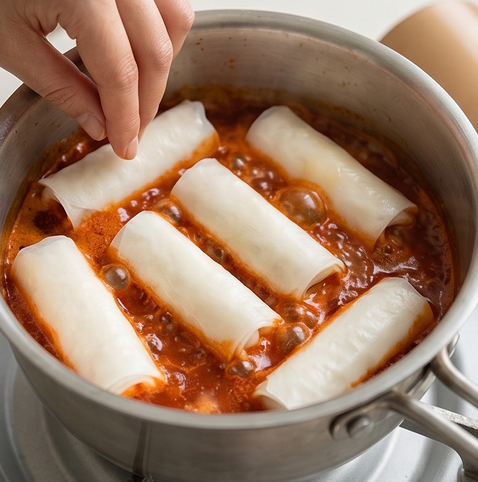 라이스페이퍼 떡볶이 | 치즈 폭탄 버전 조리 단계 3 이미지 - 양념 소스가 끓어오르면 만들어둔 라이스페이퍼 떡을 서로 붙지 않게 하나씩