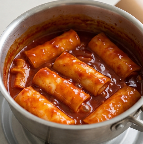 라이스페이퍼 떡볶이 | 치즈 폭탄 버전 조리 단계 4 이미지 - 불을 약하게 줄여 2~3분간 소스가 걸쭉해질 때까지 졸인다.