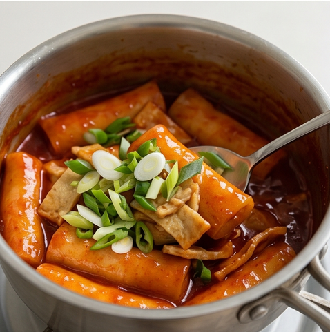 라이스페이퍼 떡볶이 | 치즈 폭탄 버전 조리 단계 5 이미지 - 불을 끄고 기호에 따라 송송 썬 대파나 어묵을 넣어 마무리한다.