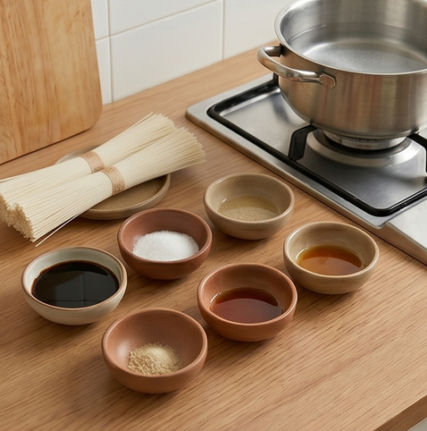 간장 비빔국수 | 아이들이 좋아하는 감칠맛 레시피 조리 단계 1 이미지 - 중면(또는 소면) 200g을 준비하고, 진간장 2큰술, 설탕 1큰술, 참