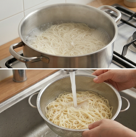 간장 비빔국수 | 아이들이 좋아하는 감칠맛 레시피 조리 단계 2 이미지 - 끓는 물에 중면(또는 소면)을 넣고 5~6분간 삶은 후, 면이 익으면 체
