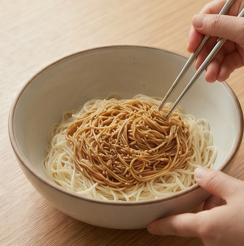 간장 비빔국수 | 아이들이 좋아하는 감칠맛 레시피 조리 단계 4 이미지 - 물기를 뺀 면을 볼에 담고, 준비한 양념장을 붓고 젓가락으로 골고루 섞어