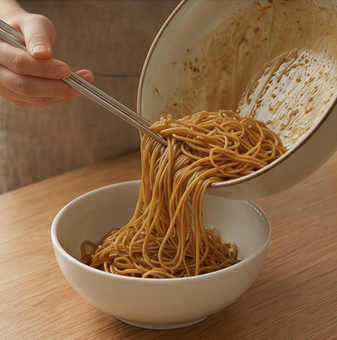 간장 비빔국수 | 아이들이 좋아하는 감칠맛 레시피 조리 단계 5 이미지 - 완성된 간장 비빔국수를 그릇에 담아 먹기 좋게 담아냅니다.