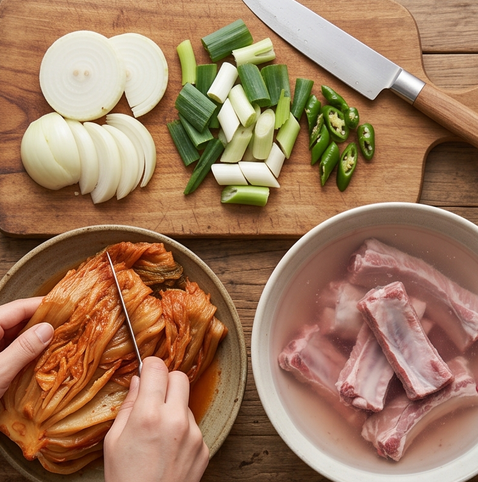 묵은지 갈비찜 | 계속 찾게되는 메뉴 조리 단계 1 이미지 - 갈비는 찬물에 1시간 담가 핏물을 빼고, 묵은지는 길게 펼치고 양파는 두