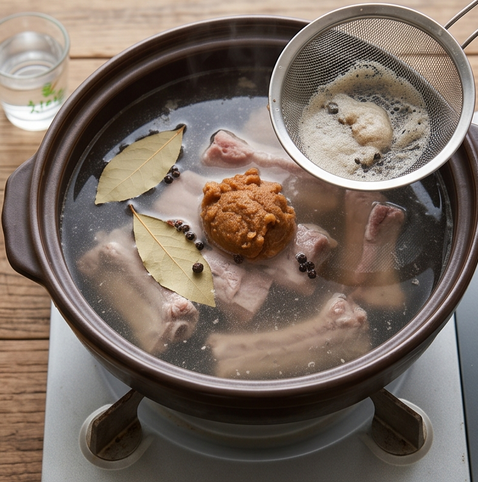 묵은지 갈비찜 | 계속 찾게되는 메뉴 조리 단계 2 이미지 - 냄비에 갈비와 월계수 잎, 통후추, 된장, 소주를 넣고 끓는 물을 부어 