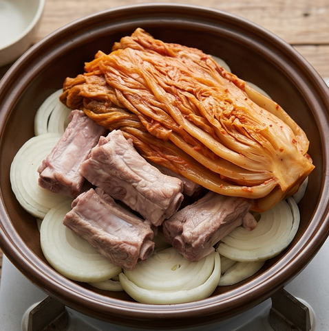 묵은지 갈비찜 | 계속 찾게되는 메뉴 조리 단계 3 이미지 - 전골냄비 바닥에 양파를 깔고, 그 위에 초벌한 갈비와 묵은지를 통째로 올
