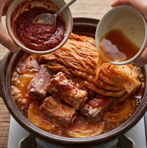 묵은지 갈비찜 | 계속 찾게되는 메뉴 조리 단계 4 이미지 - 고춧가루, 국간장, 다진 마늘, 설탕을 섞어 양념장을 만들고, 김치 국물