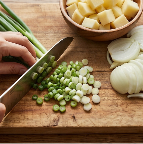스팸 감자 짜글이 | 밥도둑 대장 조리 단계 1 이미지 - 감자는 껍질을 벗기고 2cm 크기로 깍둑썰고, 양파도 같은 크기로 썬다.