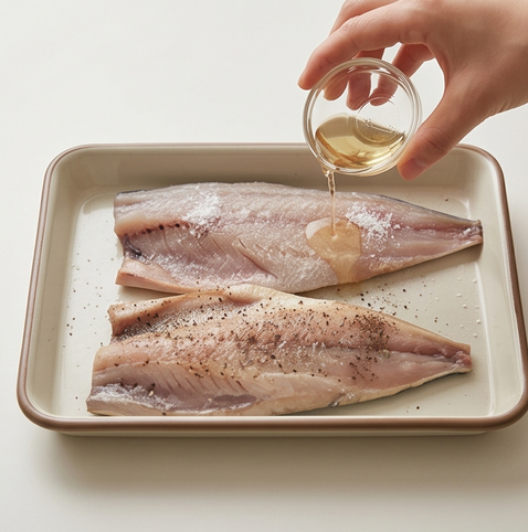 고등어 구이 | 단백하게 고등어 굽는법 조리 단계 2 이미지 - 손질한 고등어에 소금과 맛술을 골고루 뿌리고 후추도 약간 뿌린다.