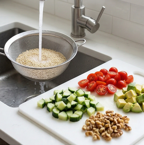 퀴노아 슈퍼푸드 샐러드 | 식이섬유 식물성 단백질 조리 단계 1 이미지 - 퀴노아는 찬물에 여러 번 헹군 후 체에 밭쳐 물기를 뺍니다. 방울토마토는