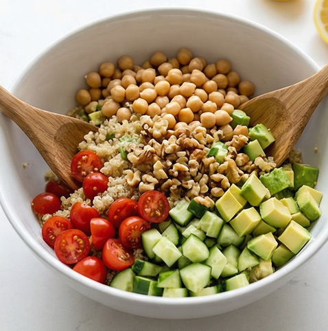 퀴노아 슈퍼푸드 샐러드 | 식이섬유 식물성 단백질 조리 단계 4 이미지 - 식힌 퀴노아에 방울토마토, 오이, 아보카도, 삶은 병아리콩, 호두를 넣고
