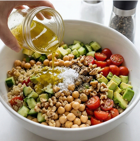 퀴노아 슈퍼푸드 샐러드 | 식이섬유 식물성 단백질 조리 단계 5 이미지 - 엑스트라버진 올리브오일, 레몬즙, 소금, 후추를 넣고 잘 버무린 뒤 접시